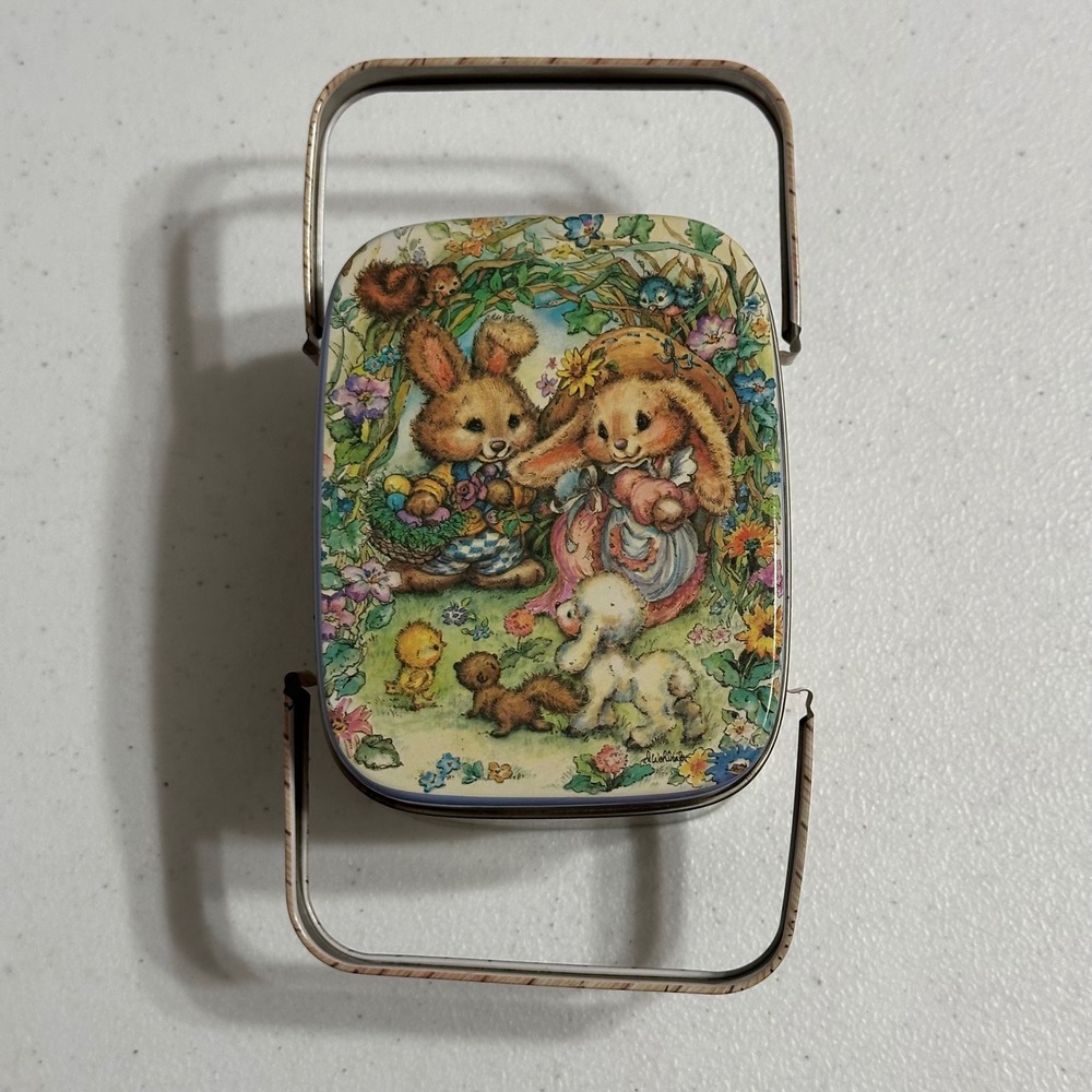Giftco Vintage Bunny Rabbit Picnic Basket Metal Tin Easter Floral Seasonal Decor